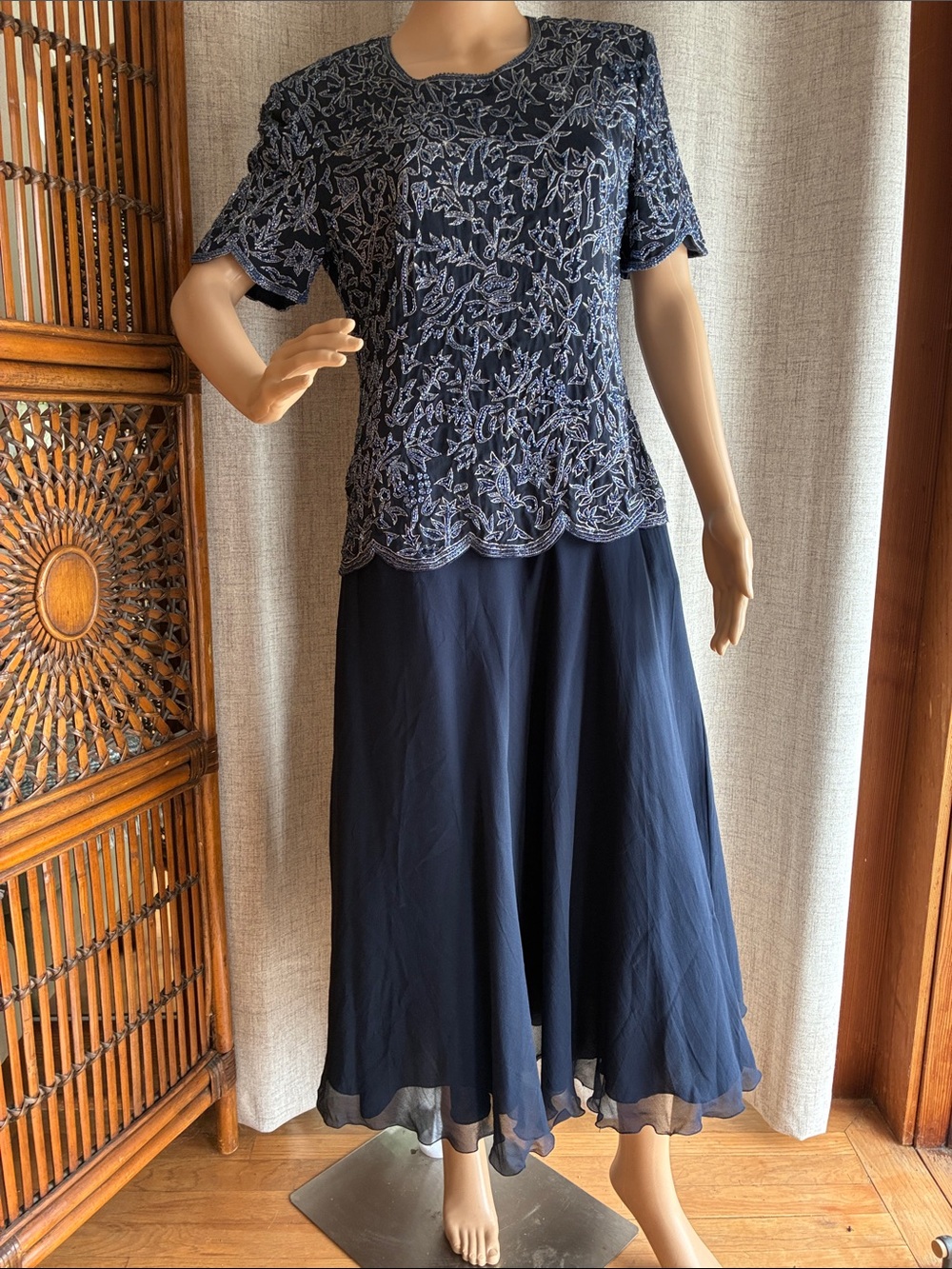Vintage Beaded Silk Navy Dress